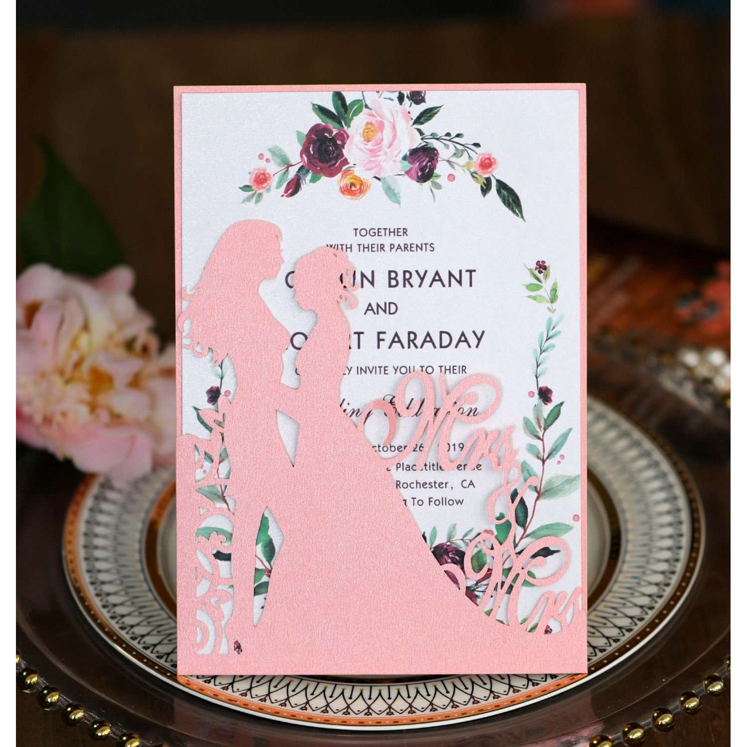 Homosexual Girls Wedding Invitation Card Pink Laser Cut Paper